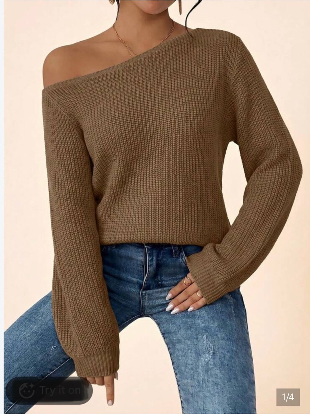 SHEIN Camel Off-the-Shoulder Chunky Knit Sweater